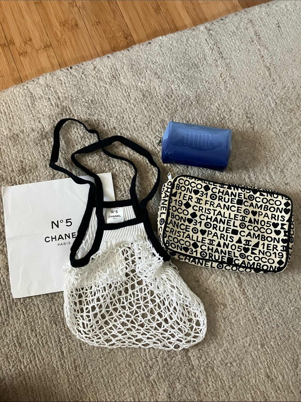 CHANEL New Fish Net Shopper Tote with Vintage Logo Cosmetic Pouch + DIOR pouch!!